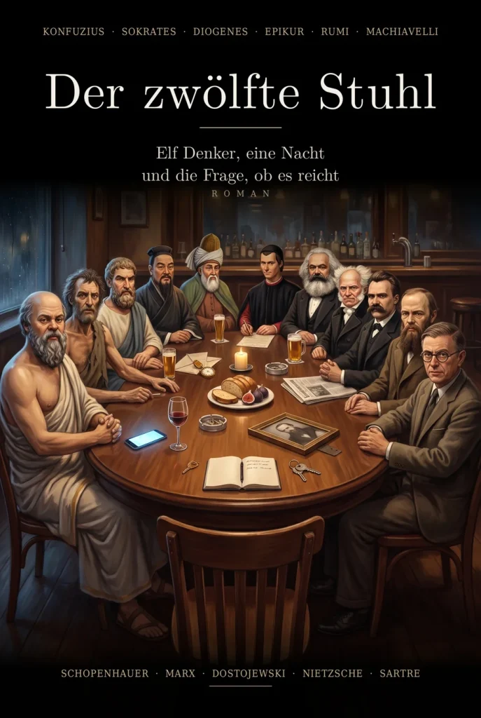Buchcover Der zwölfte Stuhl von Salih Daglar: elf Denker an einem Tisch