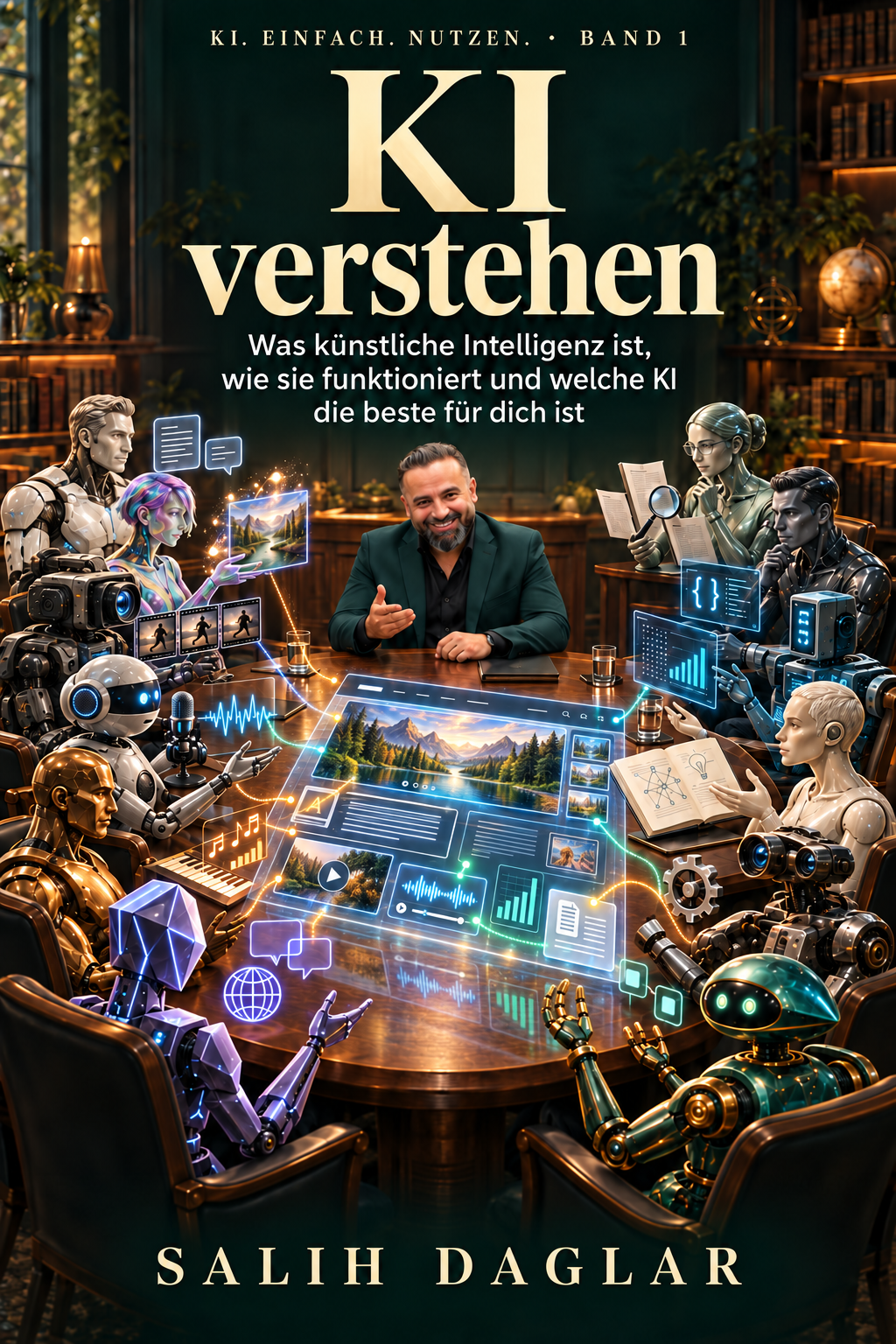 KI verstehen – Coverentwurf mit Salih Daglar und zwölf unterschiedlichen KI-Figuren an einem Tisch