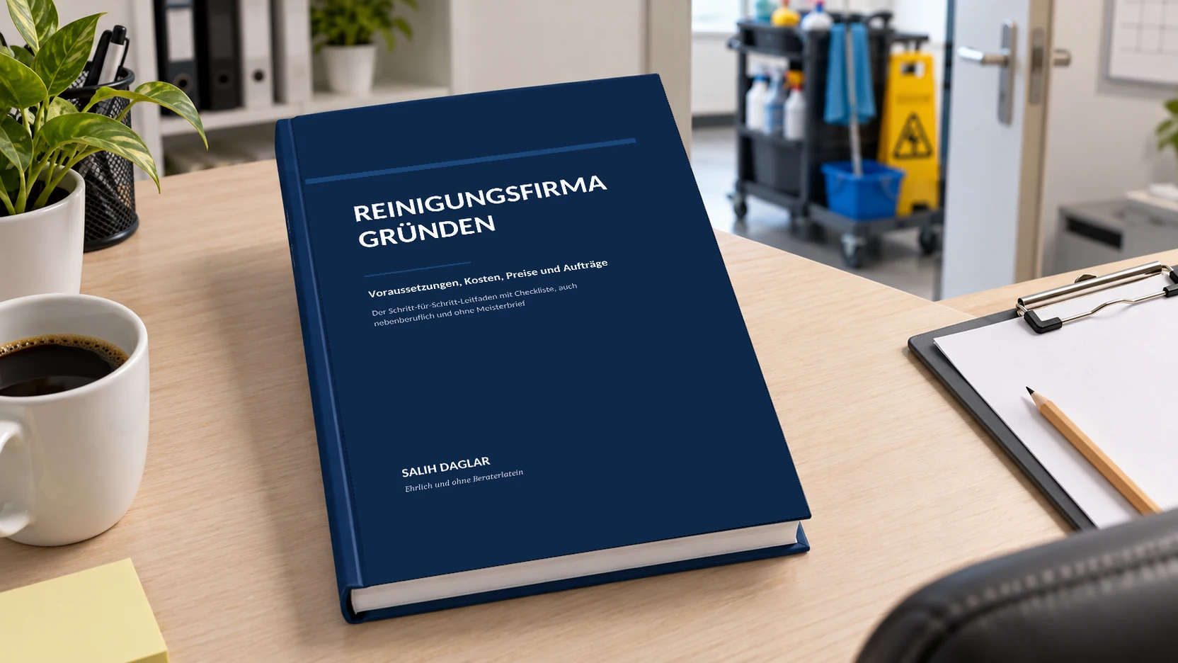 Buchinszenierung: „Reinigungsfirma gründen“ als Hardcover – Organisation vor Ort.