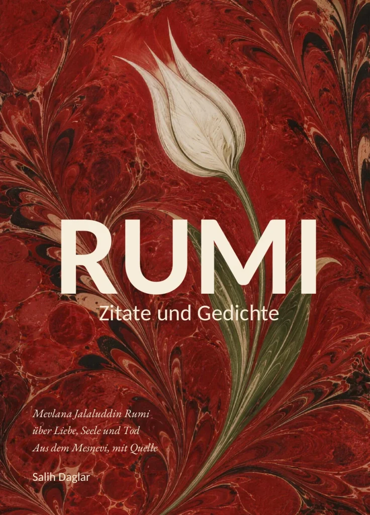 Buchcover Rumi – Zitate und Gedichte, herausgegeben von Salih Daglar, mit weißer Tulpe auf roter Marmorierung