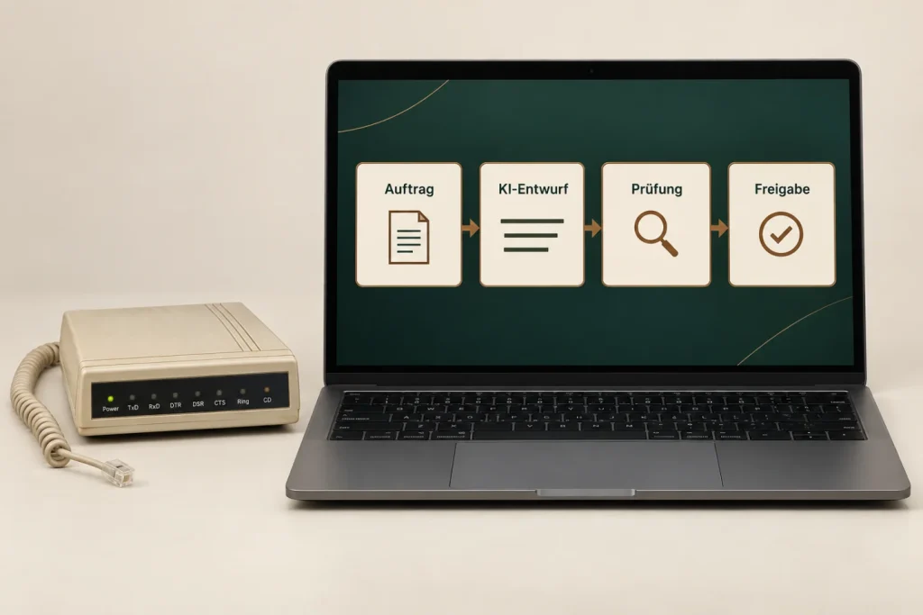 Ein Einwahlmodem neben einem Laptop: Auftrag, KI-Entwurf, Prüfung und Freigabe bilden einen beschrifteten Ablauf. KI-generiertes Symbolbild.